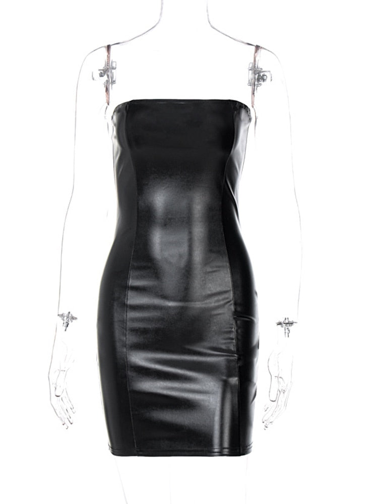 Faux Leather Tube Mini Dress For Women Bodycon Sexy Streetwear Party Club Clothing Outfits Festival Hugcitar