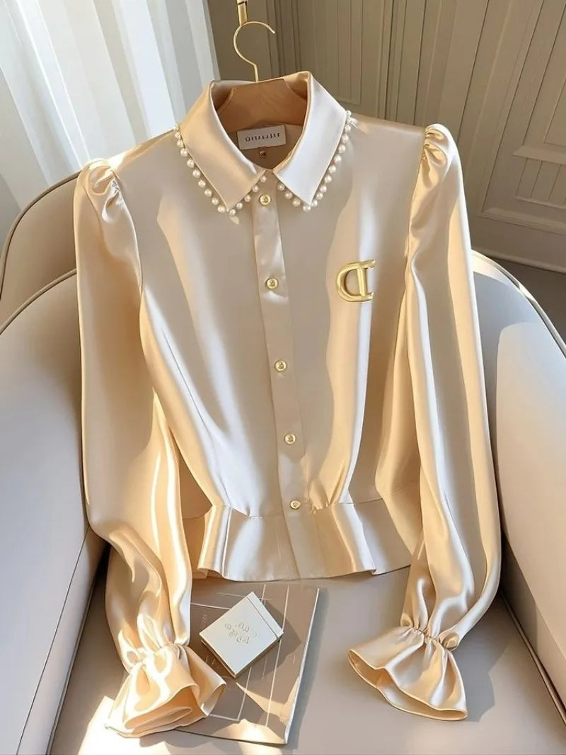 NEW Arrivals M-2XL UK Size Luxury Satin Casual Women's Blouses Spring/Summer New Solid Shirts Slim Fit Long Sleeves Top Women Clothing Sales Ladies Luxury Fashion Apparel Accessories