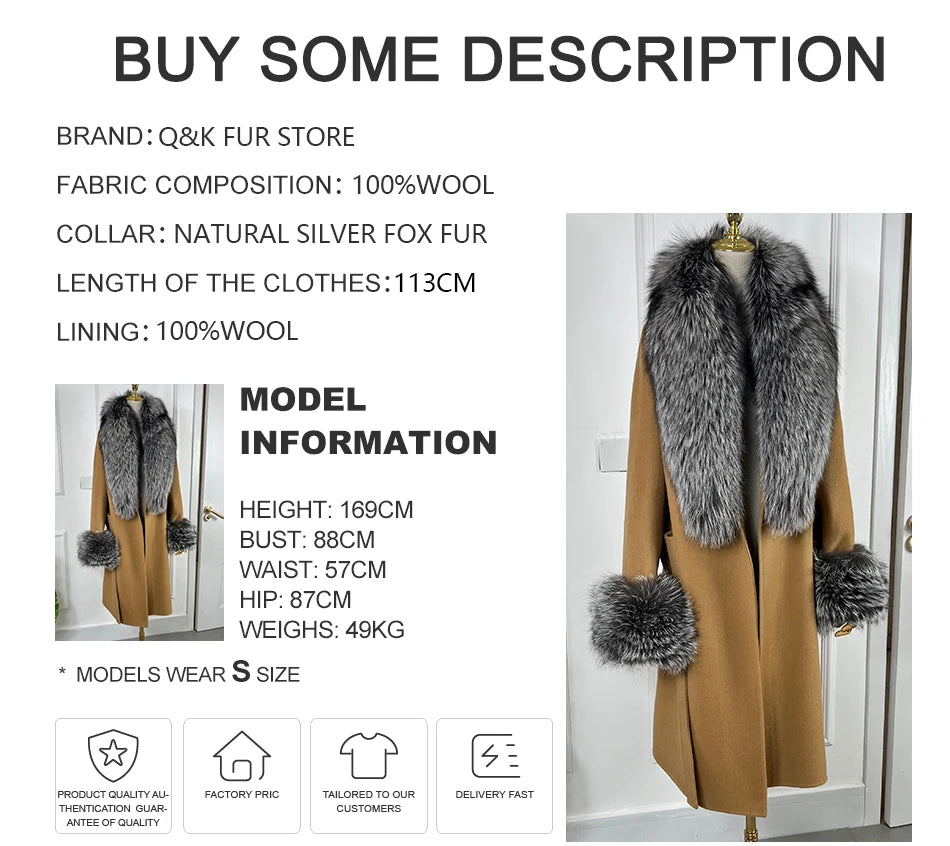 NEW Arrivals S-4XL 4 Colors Women 100% Cashmere Cardigan With Fur Natural Silver Fox Fur Coat Long Wool Blends Coat Fur Collar Cuffs Winter Evening Party Outerwear Ladies Luxury Fashion Apparel Products