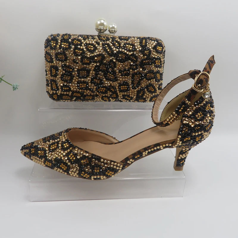 NEW Arrivals Luxury Fashion Pointed Toe Leopard Bridal Shoes Set with Bags Evening Wedding Party Night Business Dinner Summer Sandals Woman Ankle Strap Buckle Shoes Bag Thin High Heels Ladies Luxury Fashion Clothing Supplie