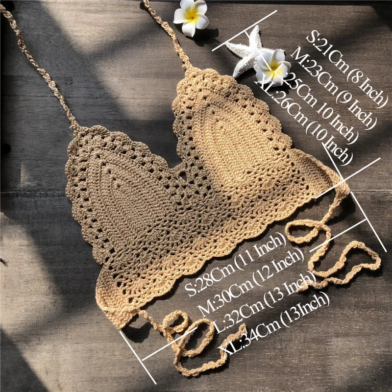 NEW Arrivals 10 Colors Handmade Sexy Women Large Size Swimwear Knitted Halter Bikini Top Bra Sexy Beach Swimsuit Hollow Bathing Suit Bikini Set Push Up Swim Thongs