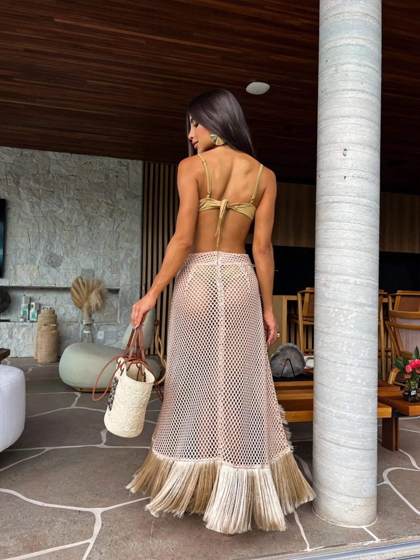 NEW 3PCS Handmade Set Sexy Gold Bikini Top with Fringe Mesh Long/Short Skirt - Adjustable Straps and Stylish Look, Perfect for Beach Wear and Pool Parties Ladies Sexy Swimwear Suit