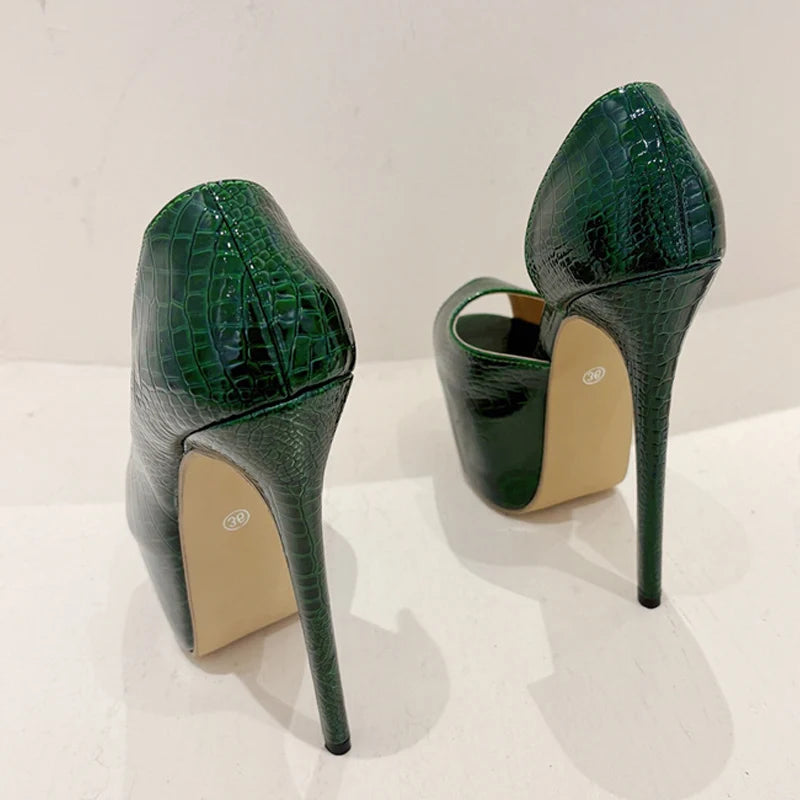 New Green Snake Print Leather Platform Pumps Women Sexy Slingback Peep Toe Extreme High Heels Strip Pole Dance Shoes
