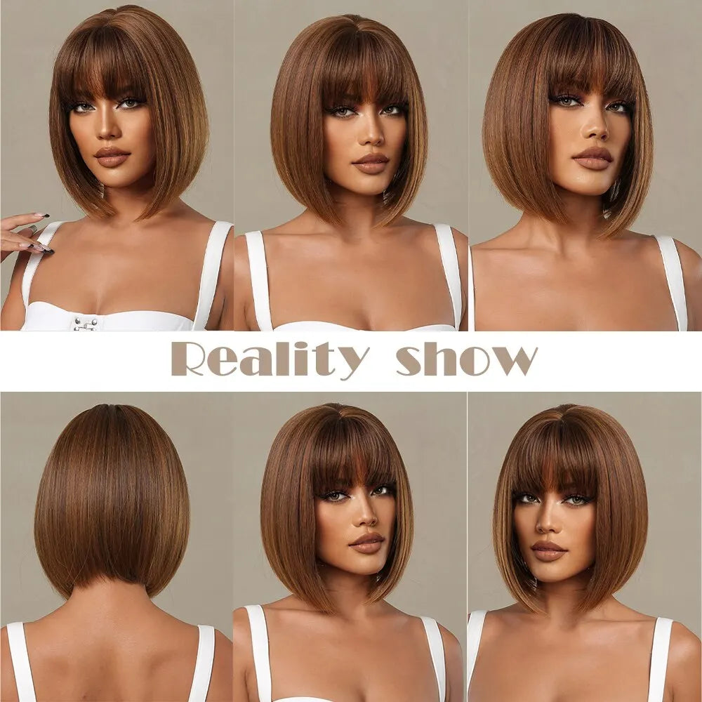 Honey Brown Short Bob Wig With Bangs Synthetic Heat Resistant Wig Natural Hair Looking