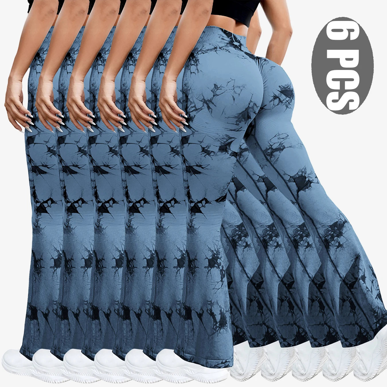 NEW Arrivals 6PCS Set Tie Dye Seamless Yoga Pants Flared Trousers High Waist Butt Lifting Sportswear Women Gym Training Fitness Sports Pants