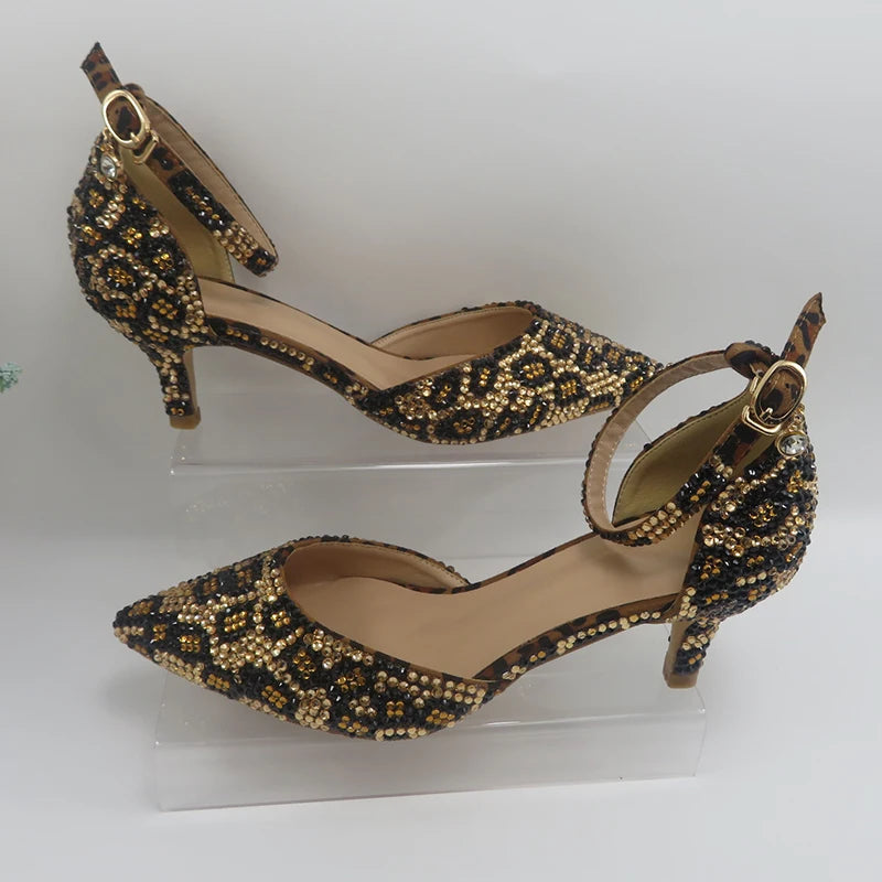 NEW Arrivals Luxury Fashion Pointed Toe Leopard Bridal Shoes Set with Bags Evening Wedding Party Night Business Dinner Summer Sandals Woman Ankle Strap Buckle Shoes Bag Thin High Heels Ladies Luxury Fashion Clothing Supplie