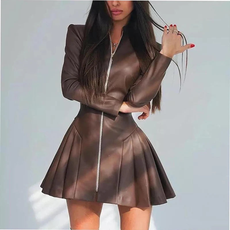 NEW Arrivals Italian Style Luxury Autumn Winter Women's Stand Collar Zipper Dress Casual Long Sleeve Waist Leather Dress Office Lady Elegant Solid Pleated Evening Party Night Club Mini Dress Girls Ladies Sexy Fashion Clothing