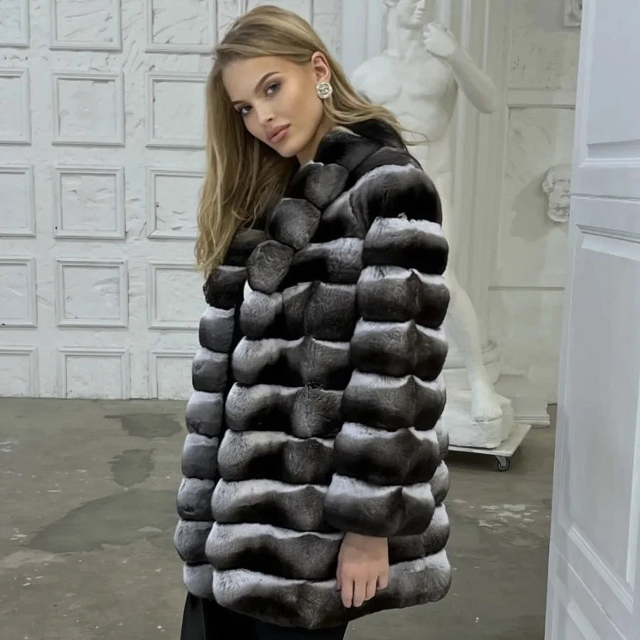 NEW Arrivals UK S-4XL Size 3 Colors Women Luxury Chinchilla Natural Rex Rabbit Fur Coat With Fur Collar Warm Winter Jacket Women Warm Chinchilla Fur Jacket Real Fur Coat