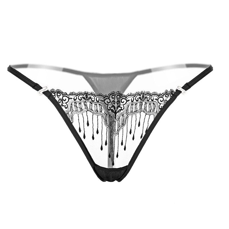 Pearl Massage Sexy Thong Hot Lace Embroidery Transparent Panties Women Sexy Lingerie Low Waist Hollowed Out T-back Femme Tangas