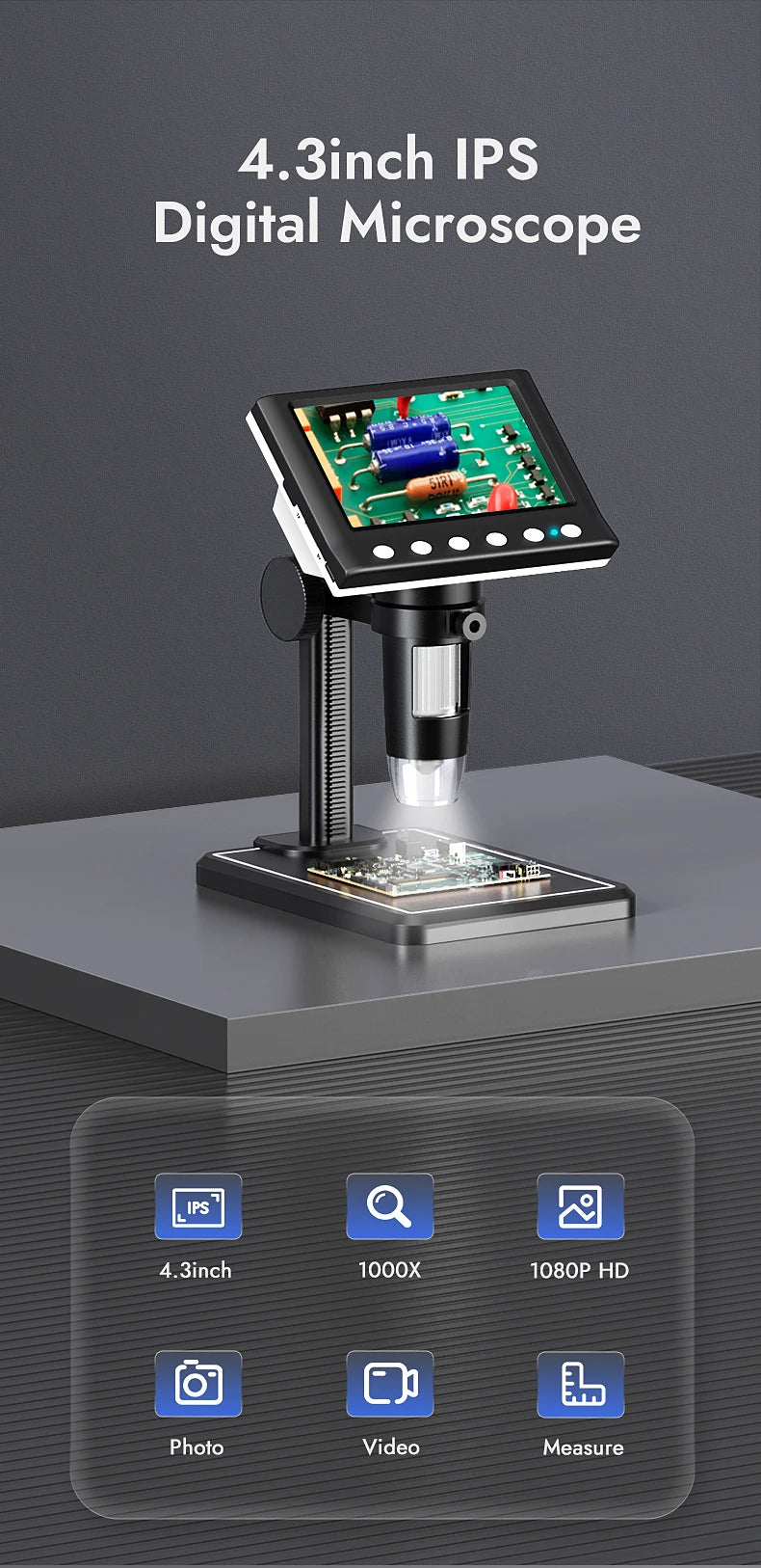 NEW Arrivals High Quality DM7 4.3'' Digital Microscope 1000X Coin Microscope 1080P Video Microscope for Adult Soldering With 8 LEDs