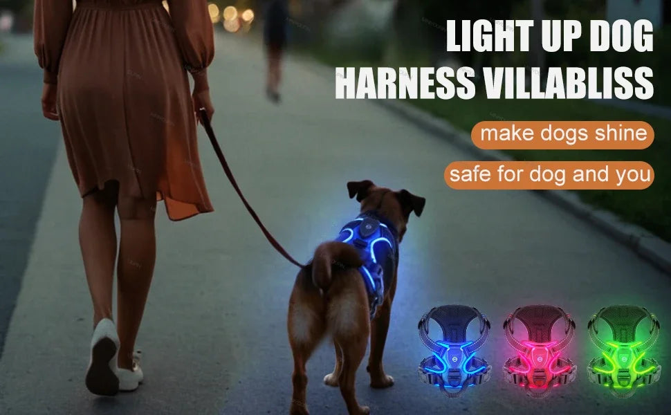 NEW Arrivals LED Light Up Dog Harness No Pull Adjustable Rechargeable Pet Luminous Vest Harness Small Medium Large Dogs Outdoor Night Walking Running Pet Supplies