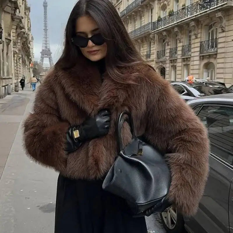 Black/Brown Color Fashion Faux Fur Coat Women's Lapel Loose Long Sleeve Thick Plush Warm Short Jackets Winter New 7A914