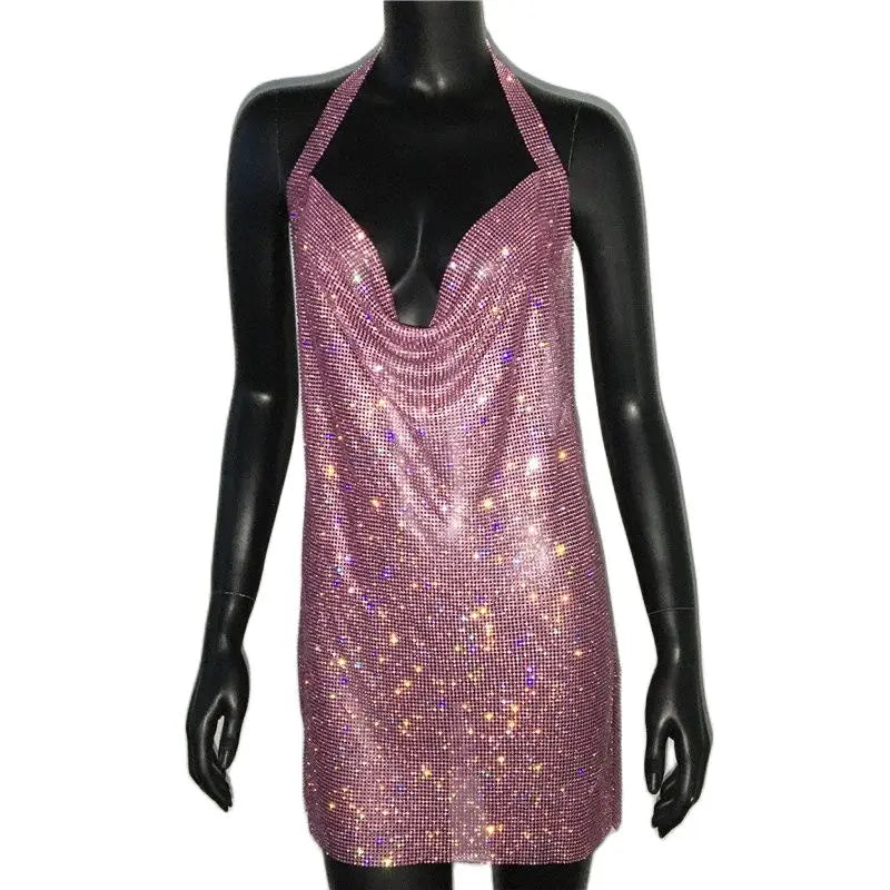 NEW Arrivals 7 Colors Luxury Crystal Rhinestone Sequins Mini Dress NEW Women Halter Backless Slit Metal Mesh Cocktail Evening Party Summer Beach Bar Night Clubwear Dresses