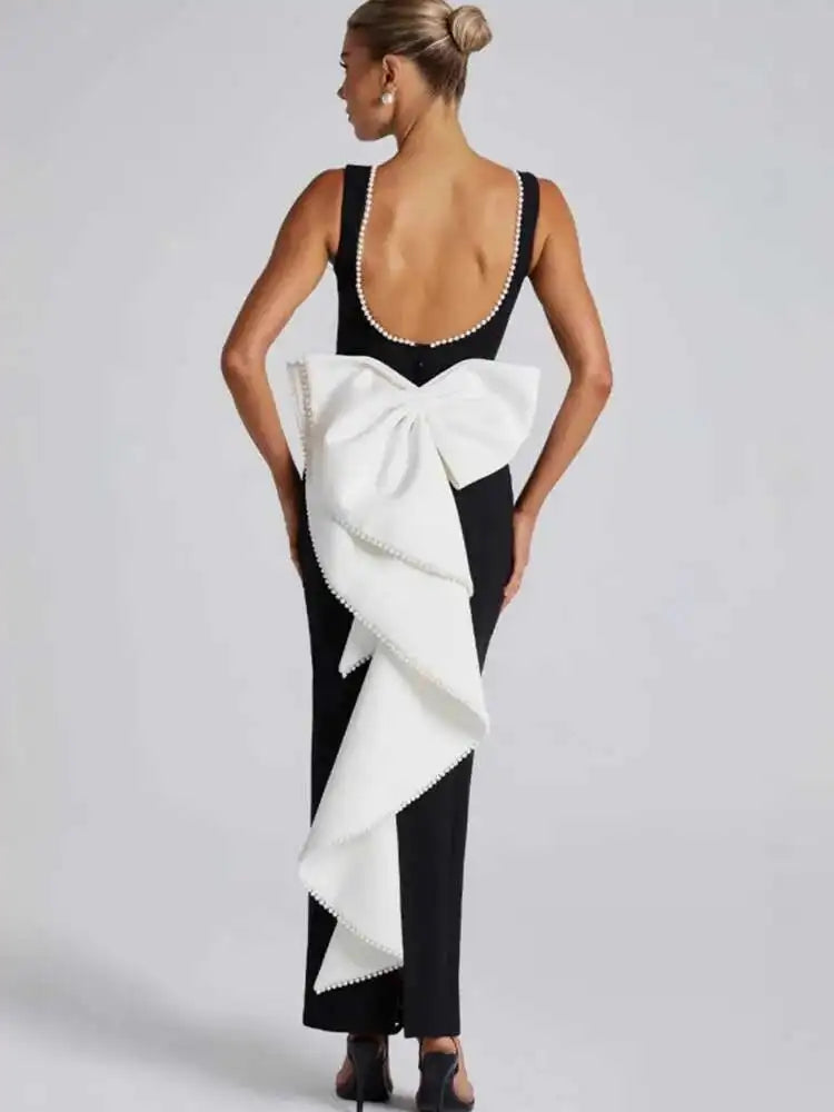 NEW Elegant Pearl Bow Backless Sexy Maxi Dress Women Gown Fashion Sleeveless High Waist A-Line Club Party Long Dress