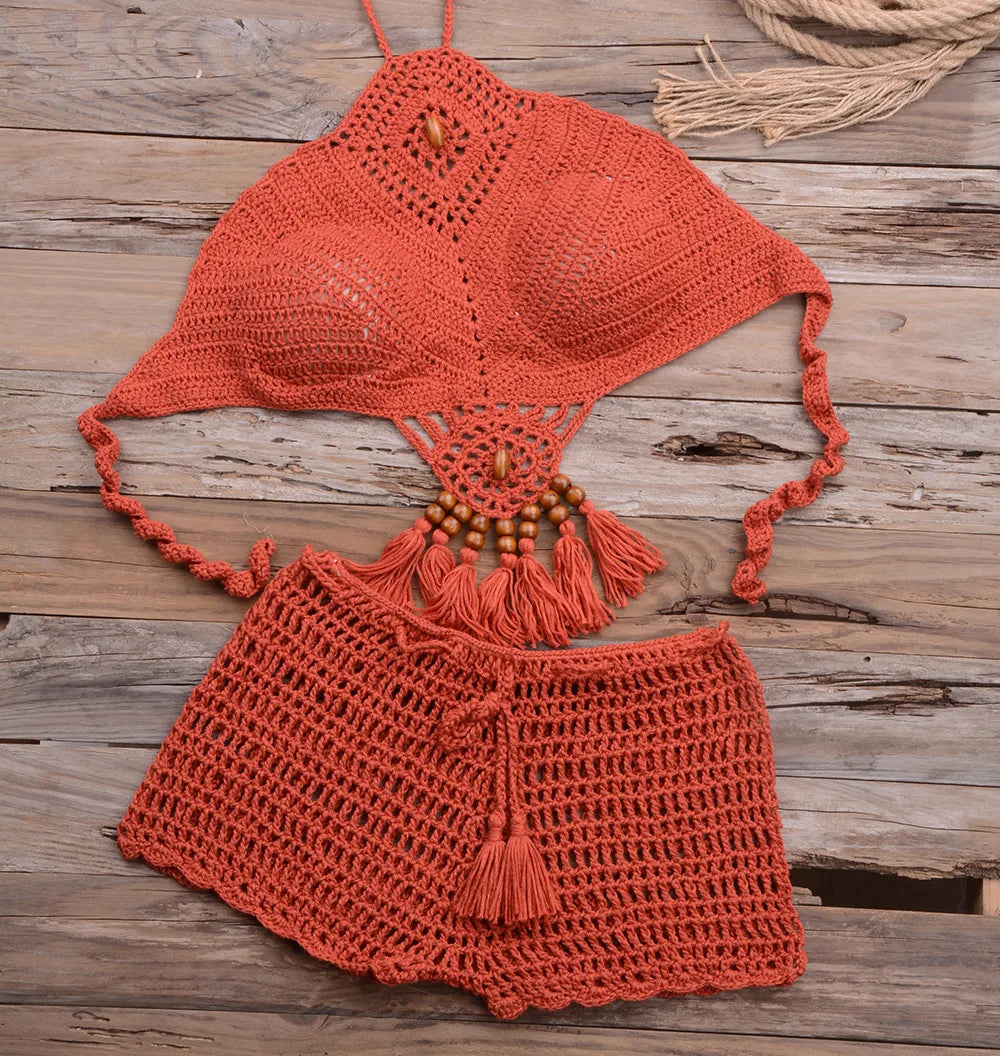 Handmade Bohemian Women Girls Bikini 2PCS Set Crochet Knitting Mini Bra Top With Short Swimsuit Pareo Beachwear Suit Female Sexy Ladies Summer Beach Luxury Fashion Clothing Supplies