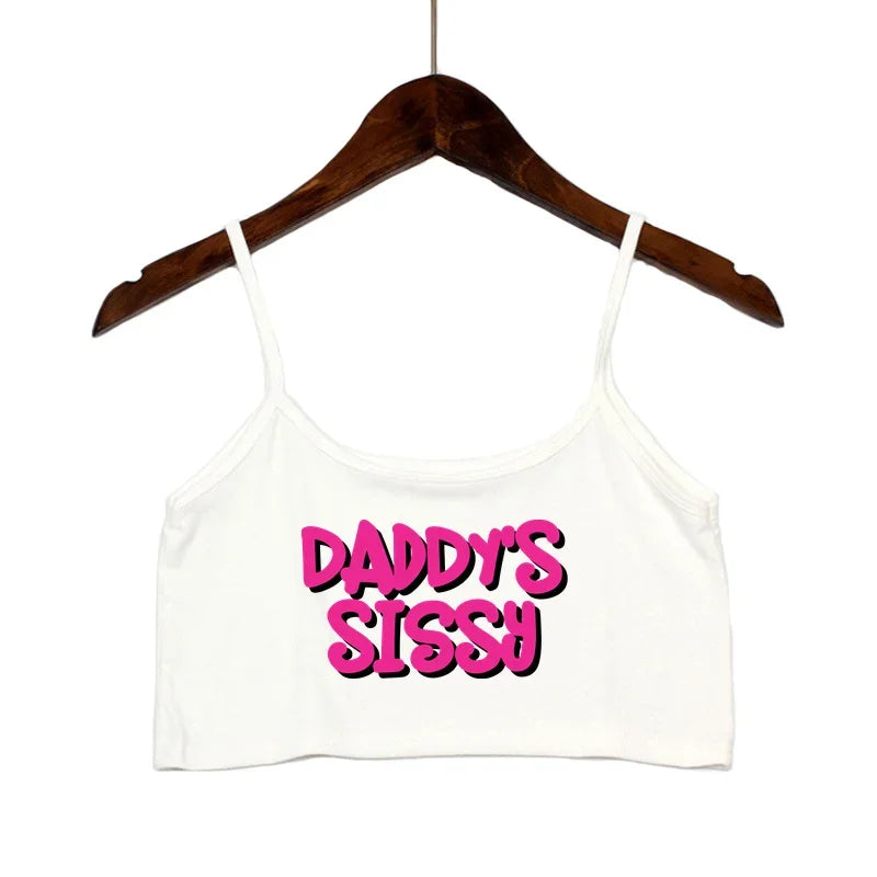 NEW Arrivals Women's Cute Crop Top DADDY'S SISSY Hot Pink Letters Print Sexy Elastic Cotton Camis Sleeveless Short Tank Top Bar Tops Women Girls Streetwear Tops