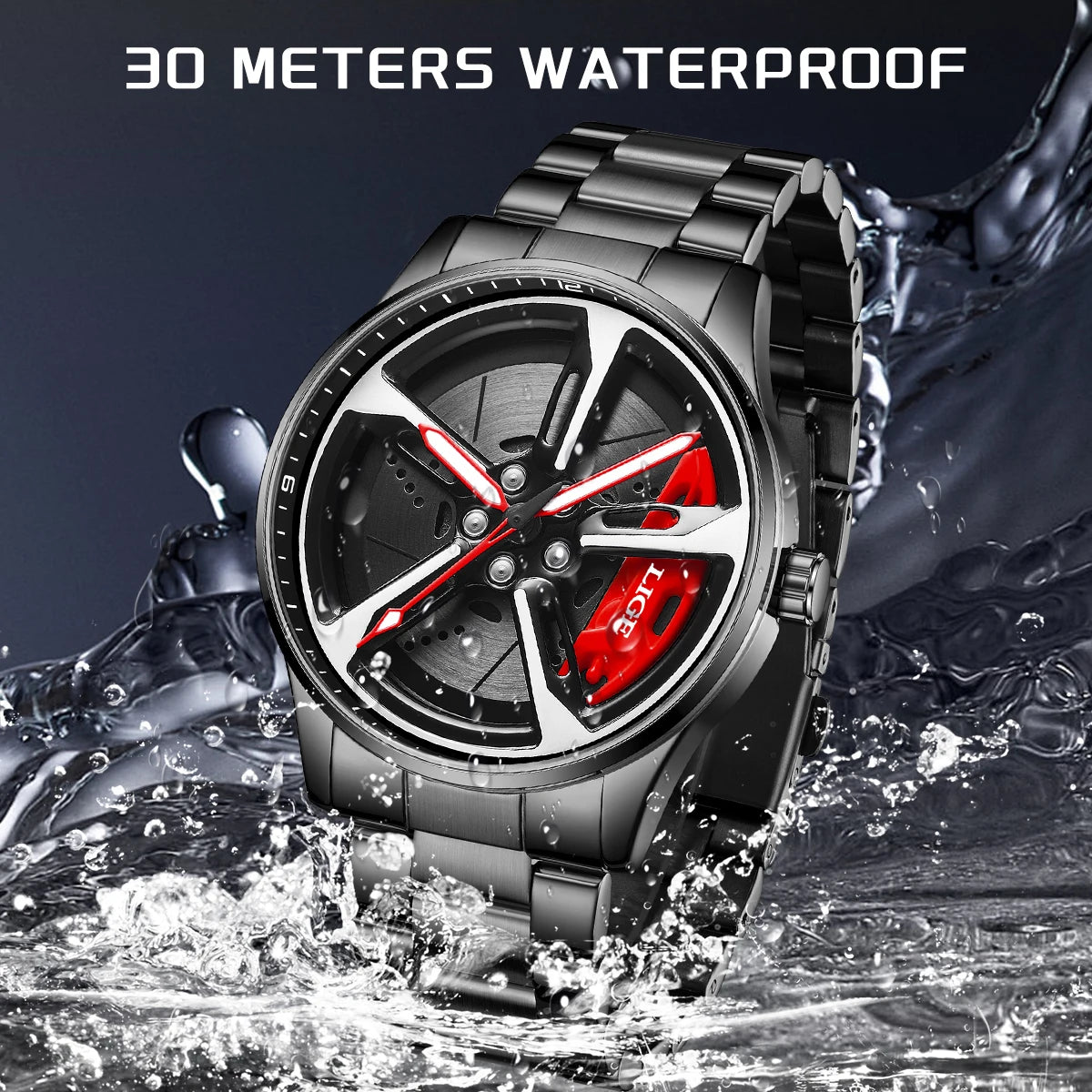 New 30Km Waterproof 6 Colors Sports 3D Xiaomi Car Wheel Watch Fashionable Rotating Dial Stainless Steel Strap Waterproof Quartz Watches Reloj Hombre Sports Supplies