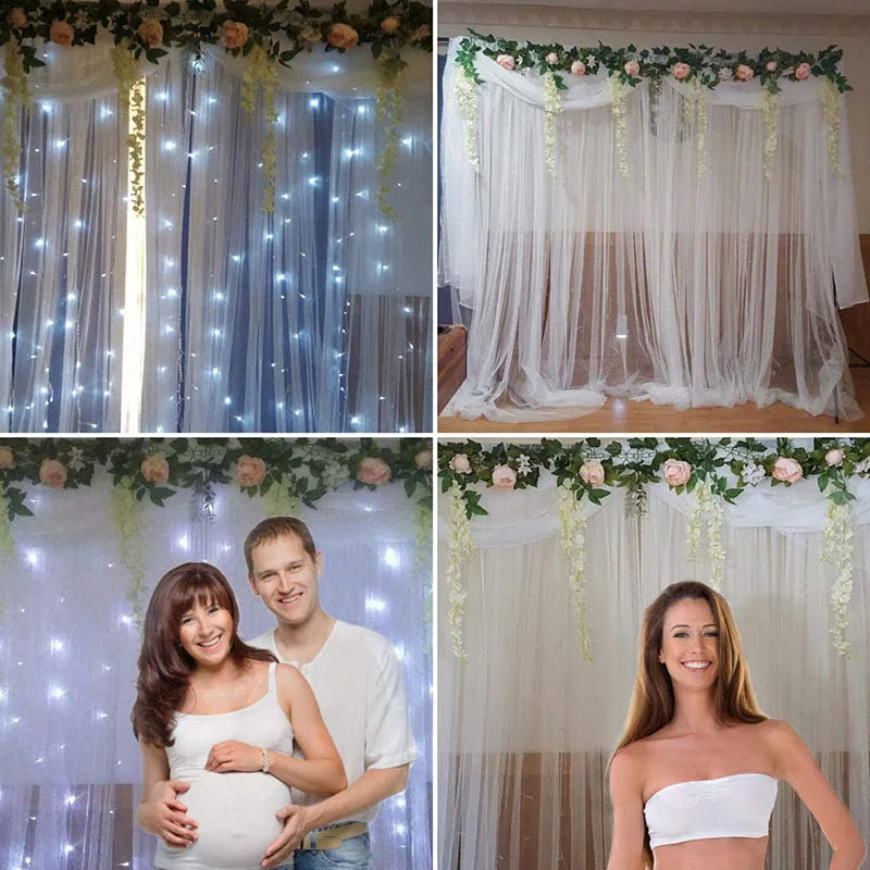 2 Panel 10x10FT White Backdrop Curtains With Lights for Party Wedding Arch Wrinkle Free Photo Background Baby Shower Decorations