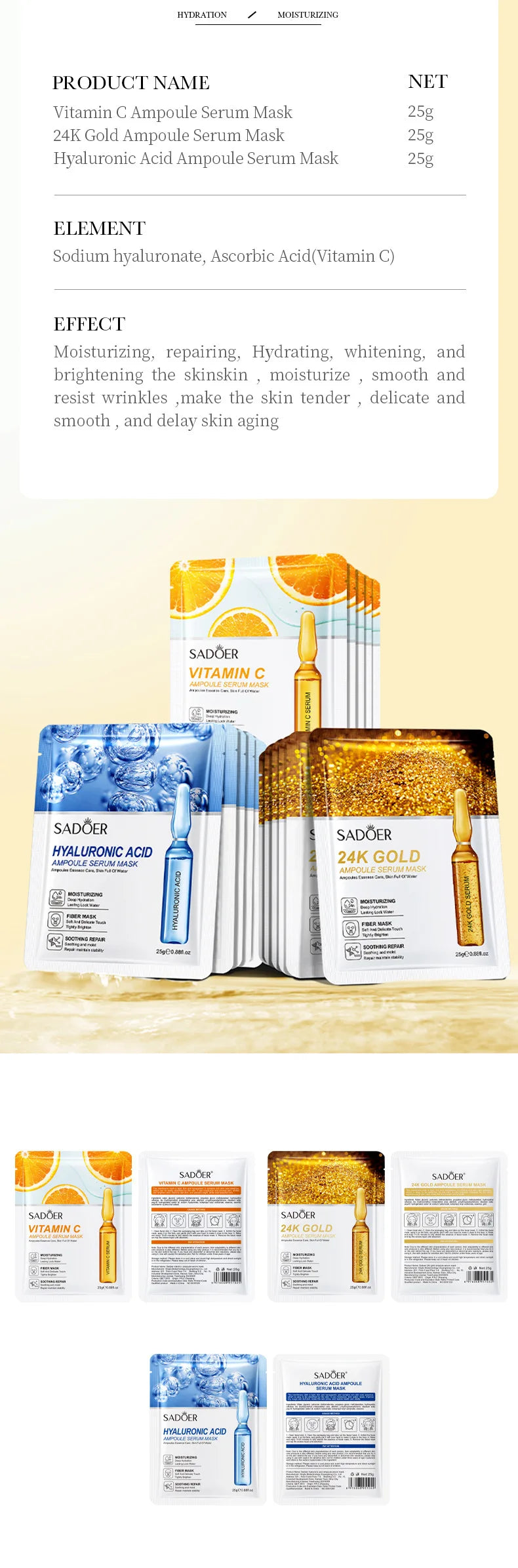 NEW Arrivals 15PCS Set 24K Gold Korean Hyaluronic Acid Face Mask Facial Firming Moisturizing Brightening Hydrating Facial Masks Korean Skin Care Products