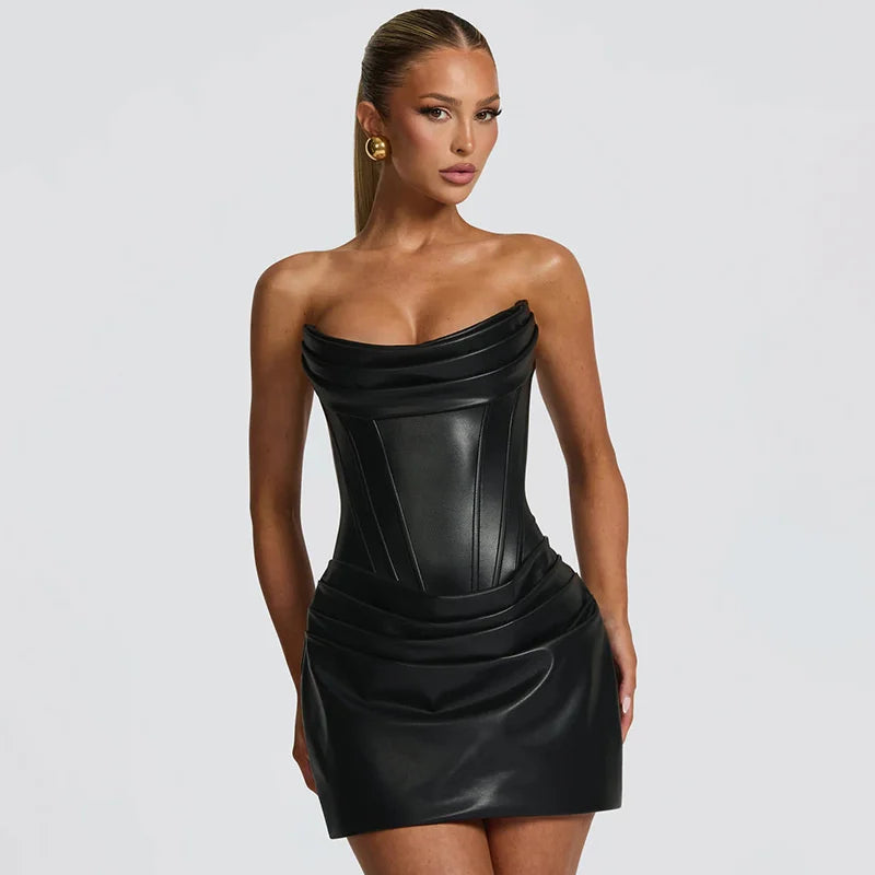 UK Size Burgundy/Black Color PU Leather Off-shoulder Strapless Sexy Mini Dress Women Gown Elegant Backless Sleeveless Ruched Club Party Luxury Dresses
