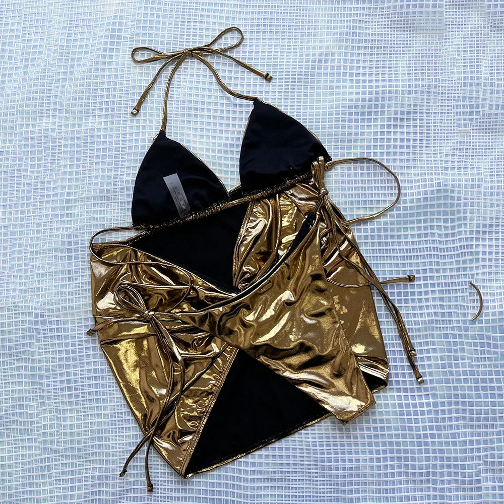 3PCS Set Sexy Shiny Gold Swimsuit Cover Ups String Micro Thong Bikini Women Halter Swimwear Beach Wear Bather Bikini Set Ladies Sexy Beachwear Suit