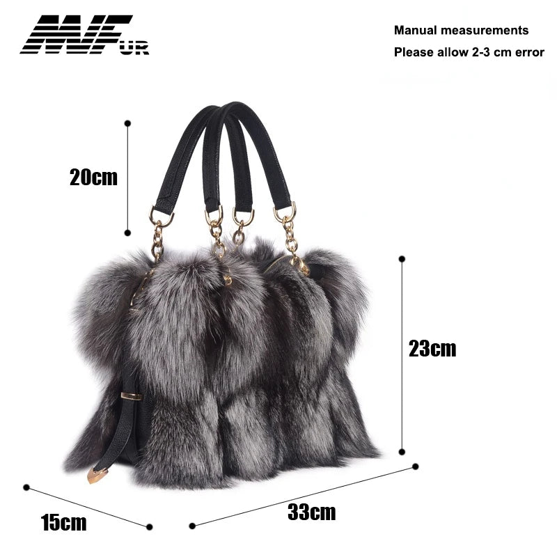 NEW Arrivals 100% Real Fox Fur Women Fashion Luxury Natural Silver Fox Handbag Lady Shoulder Bag Real Fox Fur Evening Party Formal Hand Bags Ladies Luxury Fashion Apparel Accessories