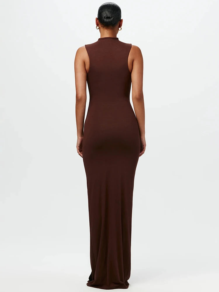 NEW!!!! Half High Collar Irregular Tank Dress For Women New Fashion Sleeveless Bodycon Ruched Sexy Long Dress Elegant