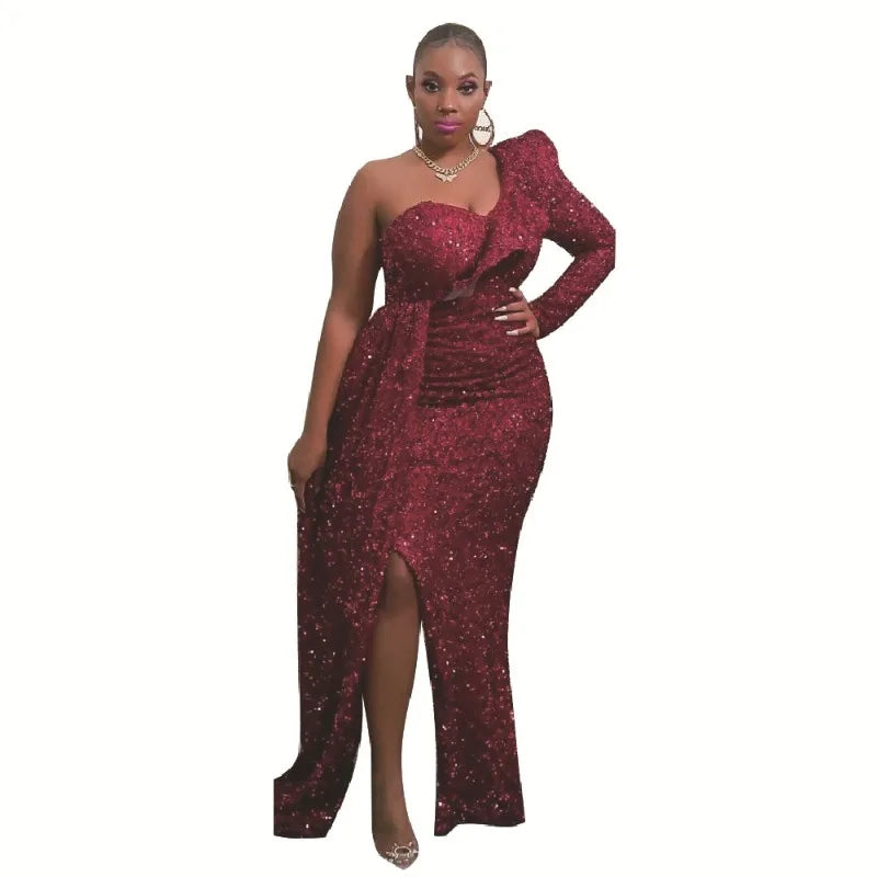 NEW Arrivals S-4XL Plus Size 7 Colors Women One Shoulder Sequin Slim High Waist Dress Autumn Winter Spring Evening Party Dress Women Sexy Ruffle Elegant Party Formal Dress