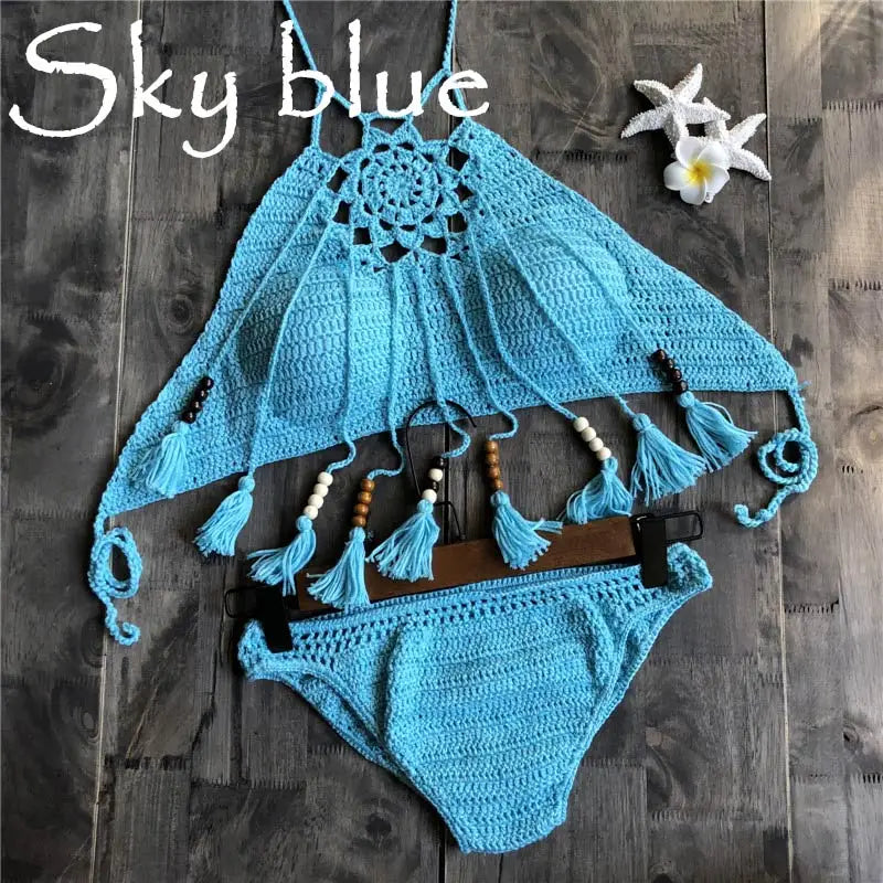 NEW Arrivals 7 Colors Handmade Women Knitted Swimwear Sexy Bikini 2PCS Set Swimsuit Female Push Up Brazilian Biquini Bathing Suit Thong Bather Bikini Set Girls Ladies Beachwear