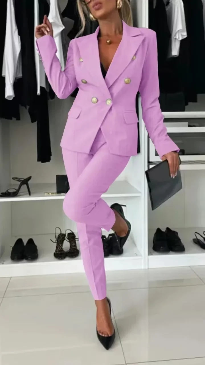 NEW Arrivals 2PCS Set UK S-2XL Size 8 Colors Women Office Smart Clothes Suit Blazer Double Breasted Button Solid Color Jacket & High Waist Slim Pencil Pants Ladies Luxury Fashion Clothing Supplies