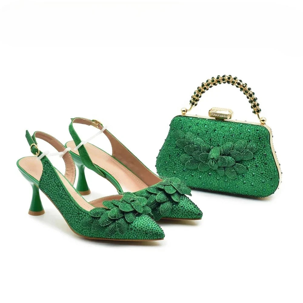 New Arrival 5 Colors Italian Women Heel Party Luxury Wedding Guest Handmade Matching Shoes and Bag Set Rhinestones Handbag Italian Design Luxury Wedding Shoes for Bride Evening Party Shoes