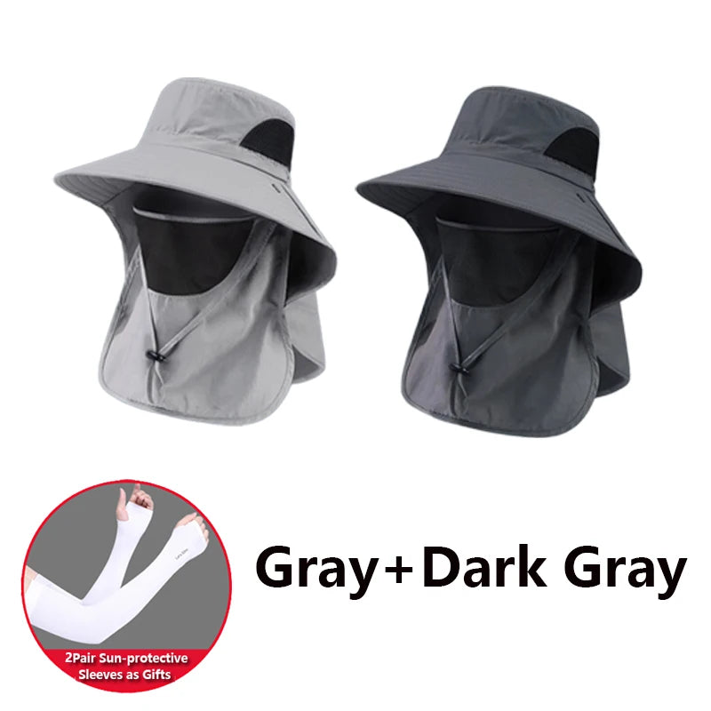 2 PCS Set Summer Sun Hats UV Protection Outdoor Beach Camping Hunting Fishing Cap For Men Women Hiking Camping Visor Bucket Hat Neck Flap Fisherman Hat