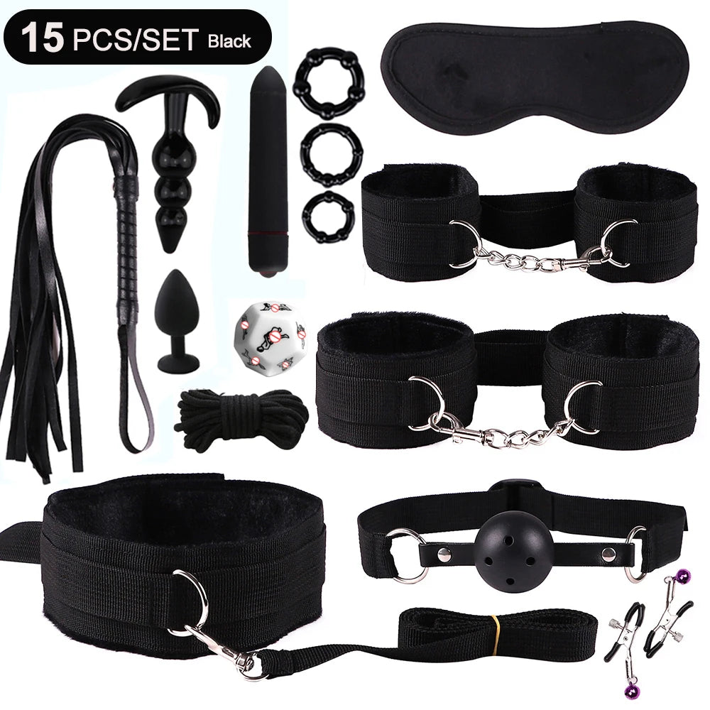 BDSM Sex Kits Bdsm Bondage Adults Sex Toys For Women Men Handcuffs Nipple Clamps Whip Spanking Sex Metal Anal Plug Vibrator Butt