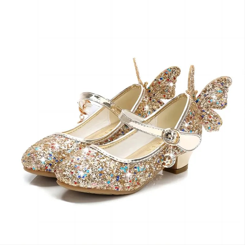 NEW Luxury Girls Wedding Birthday Party Princess Butterfly Leather Shoes Diamond Bowknot High Heel Children Girl Dance Glitter Shoes Fashion Girls Party Dance Shoe Children Footwear Fashion Apparel Accessories Supplies