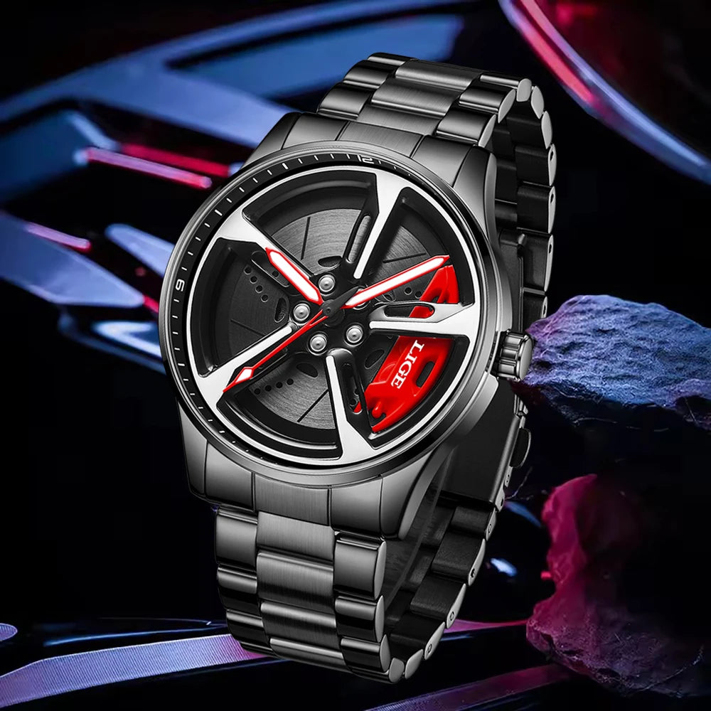 New 30Km Waterproof 6 Colors Sports 3D Xiaomi Car Wheel Watch Fashionable Rotating Dial Stainless Steel Strap Waterproof Quartz Watches Reloj Hombre Sports Supplies