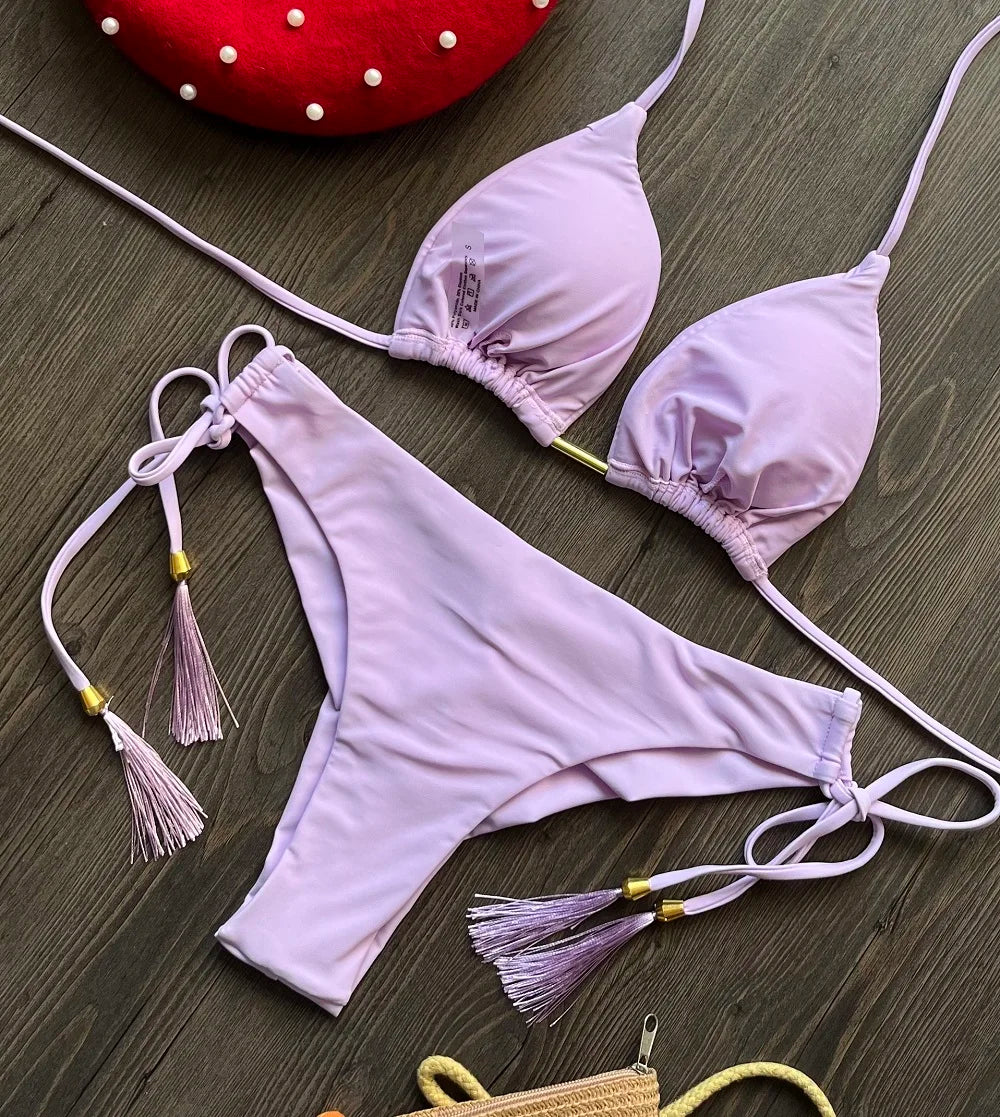 New Sexy Triangle Bathing Suit for Women Brazilian Bikinis Halter Swimwear Push Up Swimsuit Metal Chain Beach Bikini Set