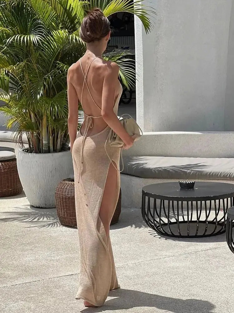 Beach Sexy Knitted Backless See-through Slit Halter Slip Long Dress Holiday Vacation Off Shoulder Summer Maxi Dresses