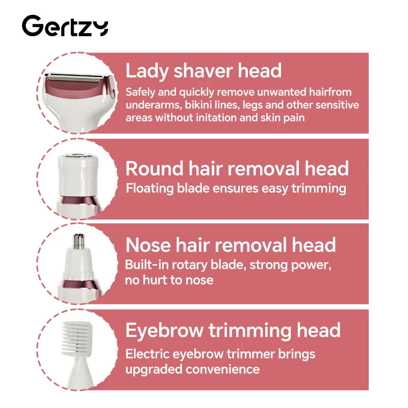 NEW 4-in-1 Set Rechargeable Electric Razor for Women - Face, Nose, Legs, Underarm, Bikini Trimmer - Wet & Dry, Painless Grooming Kit