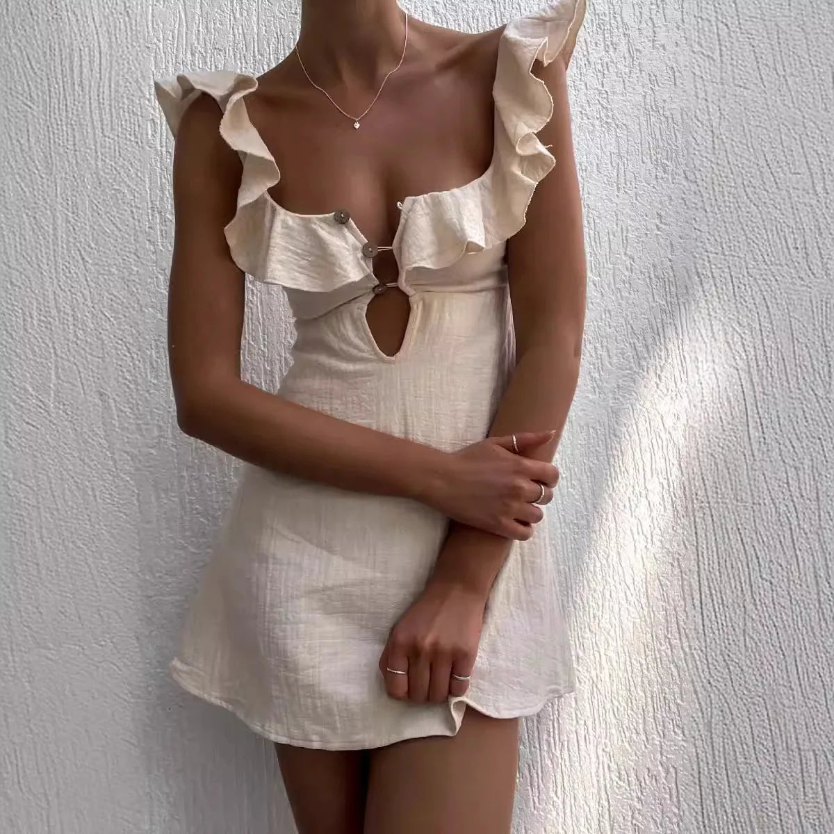 NEW Arrivals S-XL UK Size Retro Mini Beach Dress for Women Summer New Fashion Sexy Ruffled Strap Dress Women Hollow Out Short Dress Spring Summer Evening Beach Party Night Clubwear