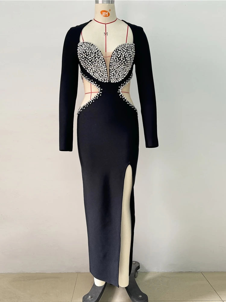 NEW Sexy Long Sleeve Diamonds Long Bandage Dress Women Black Cut-Out Mesh Patchwork Rhinestones Split Bodycon Dresses Evening Party Red Carpet Celebrity Luxury Sexy Dress