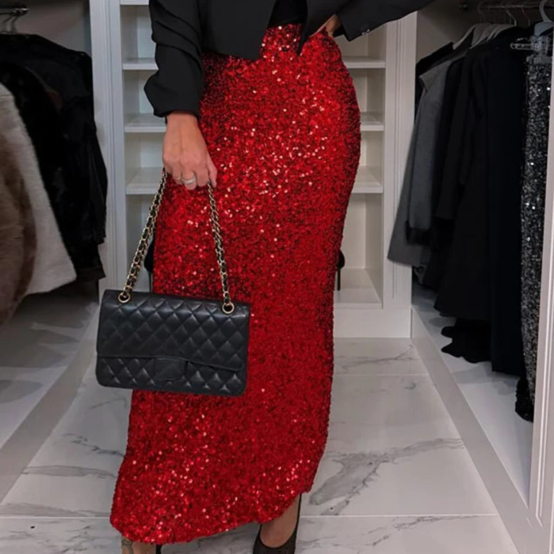 NEW Luxury Fashion Elastic High-Waisted Sequin Sexy Skirt Women Sexy Slim Fit Bodycon Long Skirt New Spring Autumn Evening Wedding Party Business Dinner Straight Skirts Girls Ladies Luxury Fashion Clothing Supplies
