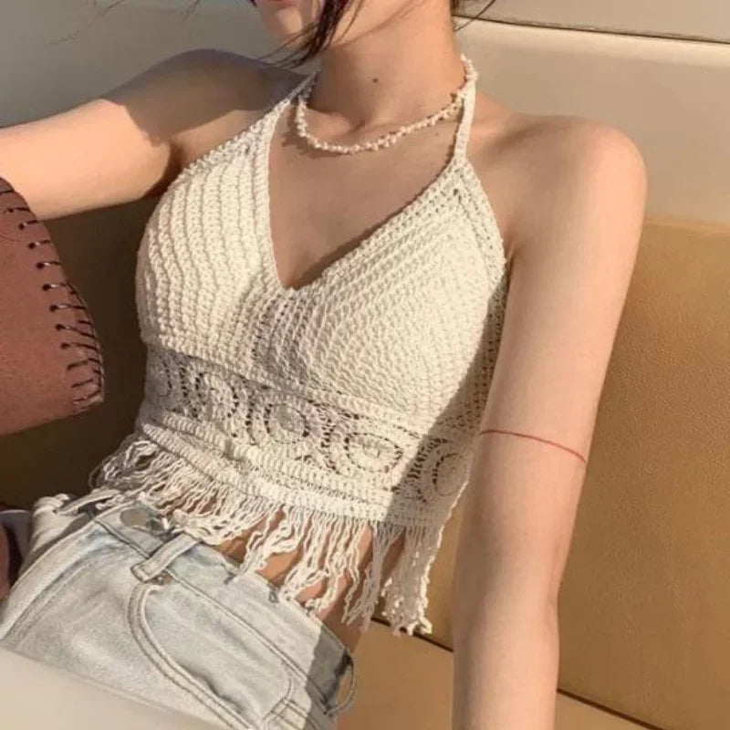 NEW Arrivals Handmade Sexy Crop Tops Retro Wild Hollow Perspective Tassel Sexy Spaghetti Strap Tanks Top Women Built In Bra New Back Lace Halter Neck Ladies Girls Summer Beach Party Tops