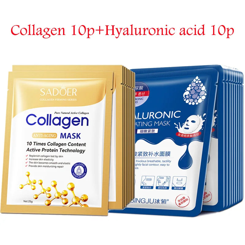 NEW 20PCS Korean Set Snail + 24K Gold + Collagen + Hyaluronic Acid Face Mask Skincare Moisturizing Anti Wrinkle Whitening Facial Masks Face Sheet Mask Korean Skin Care Products