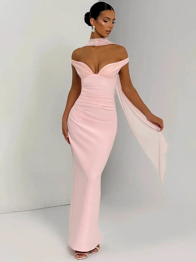 UK Size Black/Brown/Pink Color Scarf Collar Off-Shoulder Sexy Maxi Dress Women Gown Fashion With Sleeve Strapless Backless Club Party Long Dresses