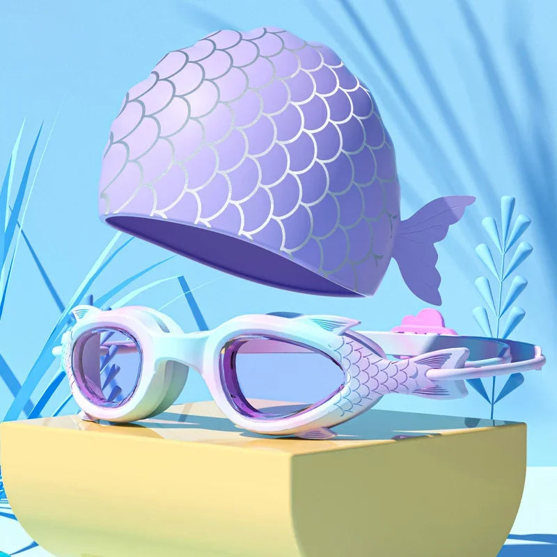 NEW 2PCS Set 4 Colors Children Kids 3-18 years old Swimming Goggles Waterproof Anti Fog High-Definition Small Frame Goggles Professional Training Kid's Swimming Goggles Caps Set