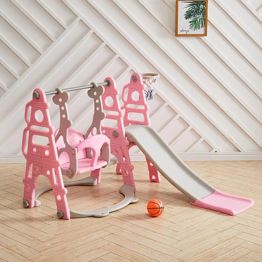 NEW Arrivals Children Toddler Swing and Slide Set with Basketball Hoop Garden Climbing Frame, Outdoor Indoor Large Slide Swing , Pink & Blue Color Kids Sport Games Toys Supplies
