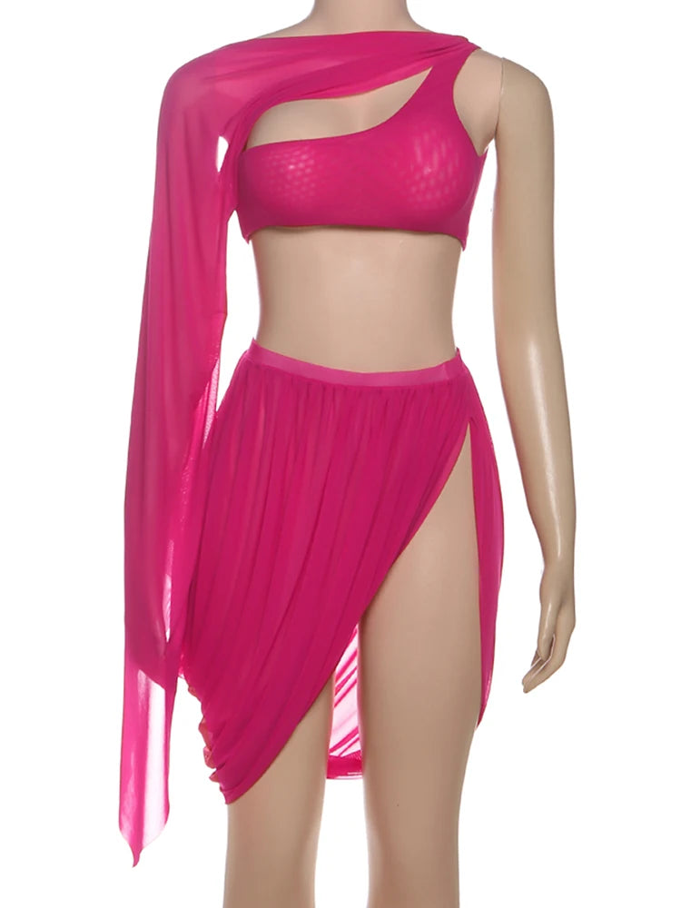 NEW 2PCS Set Blue/Rose Red Color Y2K Sexy Women See Through Midnight Irregular Full Sleeve Crop Tops+ Ruched Split Skirts Matching Clubwear Suit