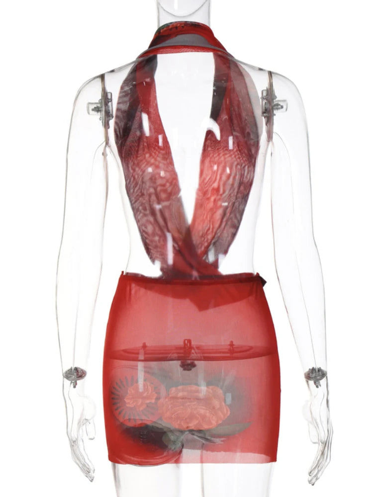 NEW Arrivals Sexy Retro Floral See-through Mesh Deep V Halter Red Mini Dress Women Backless Skinny Dress Elegant Evening Beach Night Club Party Girls Sexy Fashion Apparel Supplies