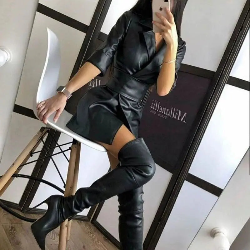 NEW Arrivals Luxury Brown/Black Autumn Winter High-Waisted Street Solid Color High Quality PU Leather Suit Collar Long-Sleeved Women Dress Leather Jacket Including Belt Girls Ladies Luxury Fashion Clothing Supplies
