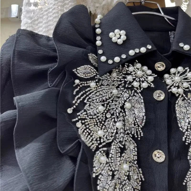 NEW Arrivals Luxury Heavy Beading Sequin Wing High Quality Shirt for Women New Lapel Neck Black Tops Y2K Long Sleeve Ruffles Blouses Ladies Girls Luxury Fashion Apparel Accessories Clothing Supplies